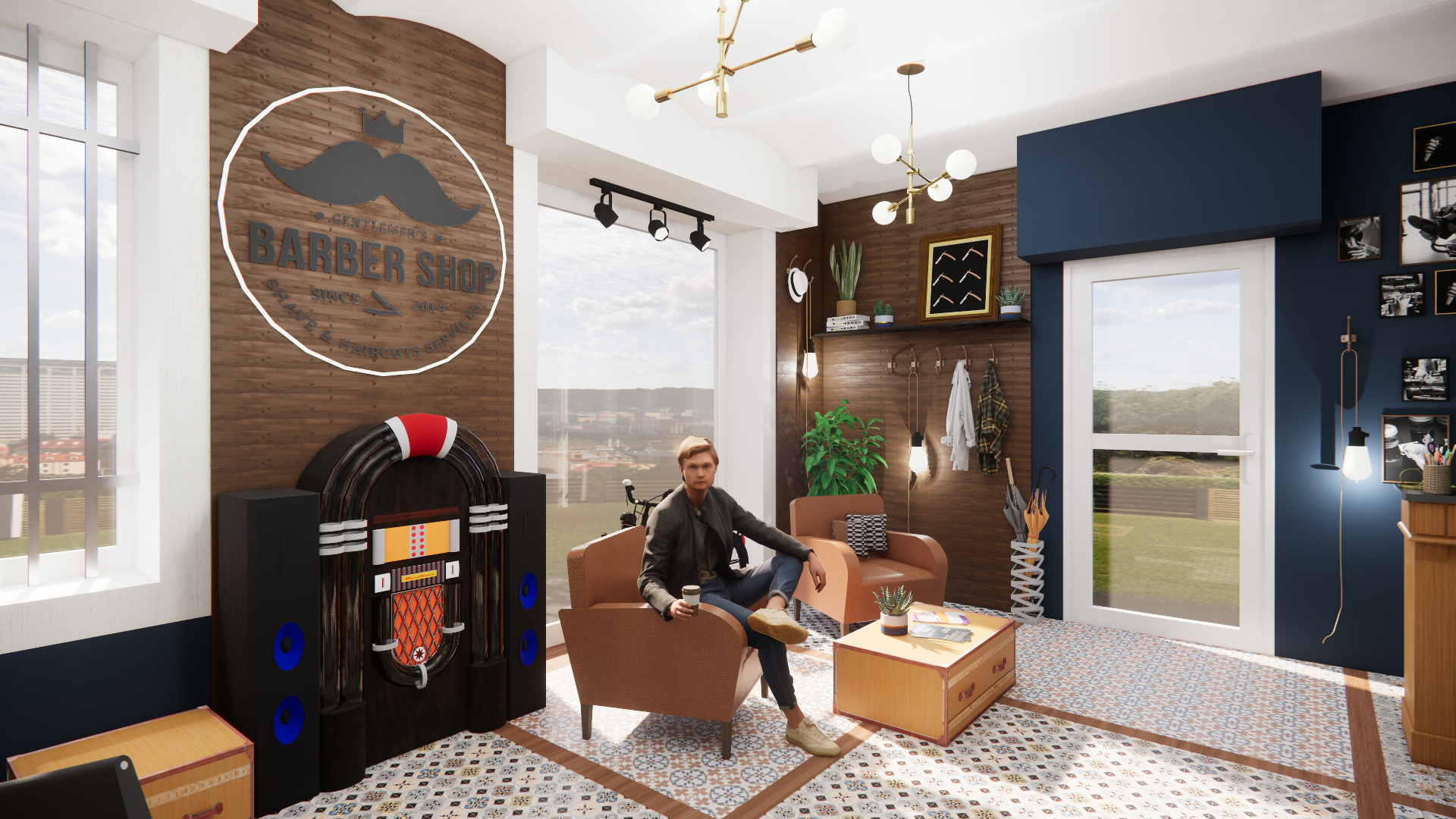 Pour cet espace qui accueil du public, nous avons décidé de créer une ambiance particulière avec des matériaux spécifiques et une décoration masculine pour immerger le client dans le monde du barber shop le temps de son rendez-vous.