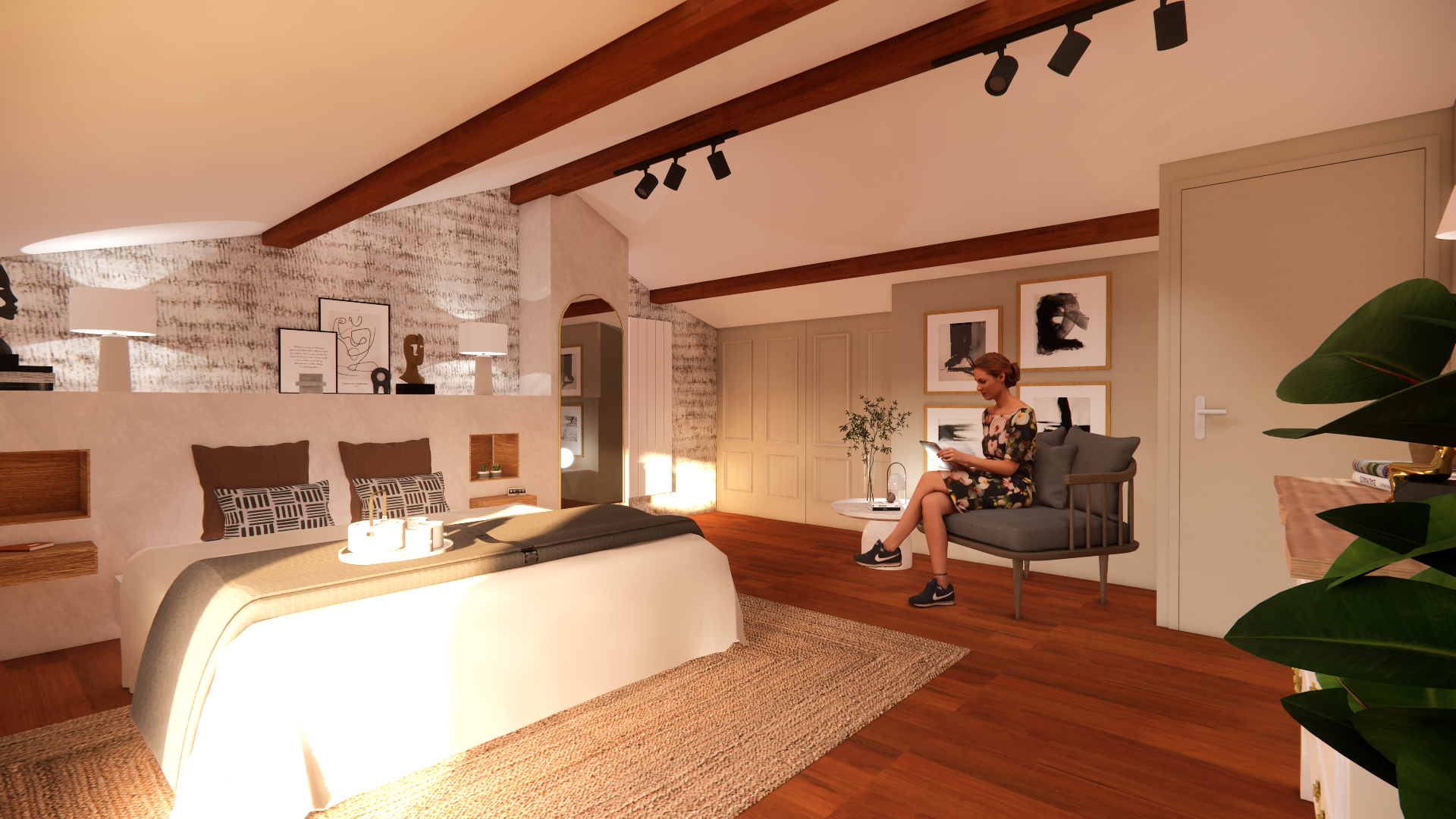 Nous avons décidé, en accord la cliente, de réaliser une ambiance chic et cocooning pour cette chambre parentale mansardée.